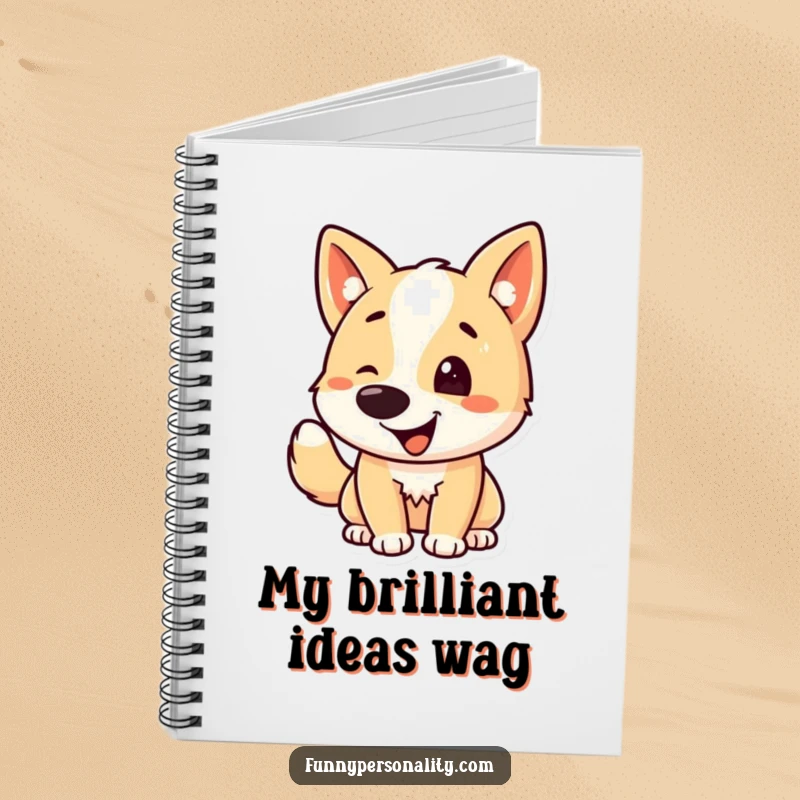 Funny dog notebook with a cover featuring an energetic dog character joyfully wagging its tail, inspiring fun notes.