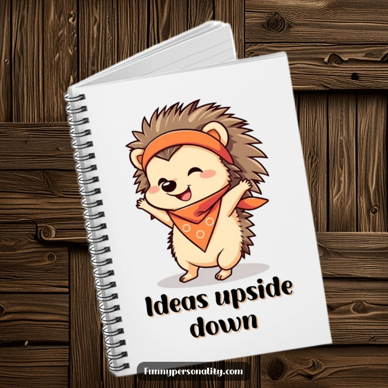 Funny Notebook with a cheerful hedgehog in a bandana attempting a handstand, perfect for jotting down funny thoughts.
