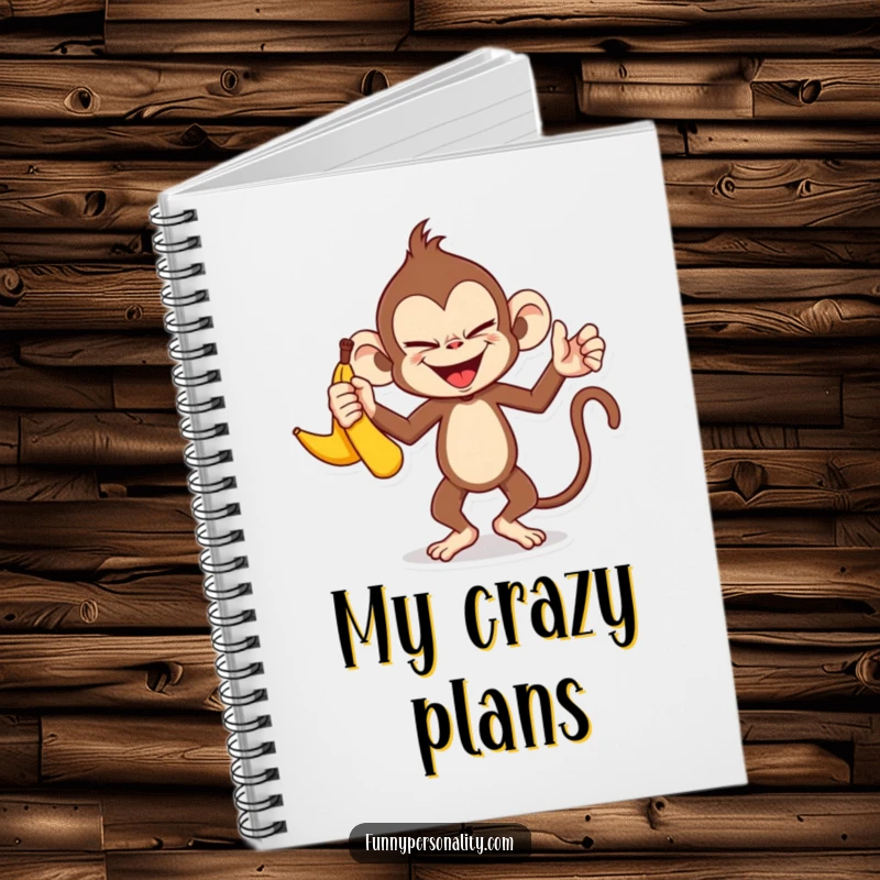 Funny monkey notebook: a journal featuring a mischievous monkey character juggling three bananas with a sly smile, ready for notes.