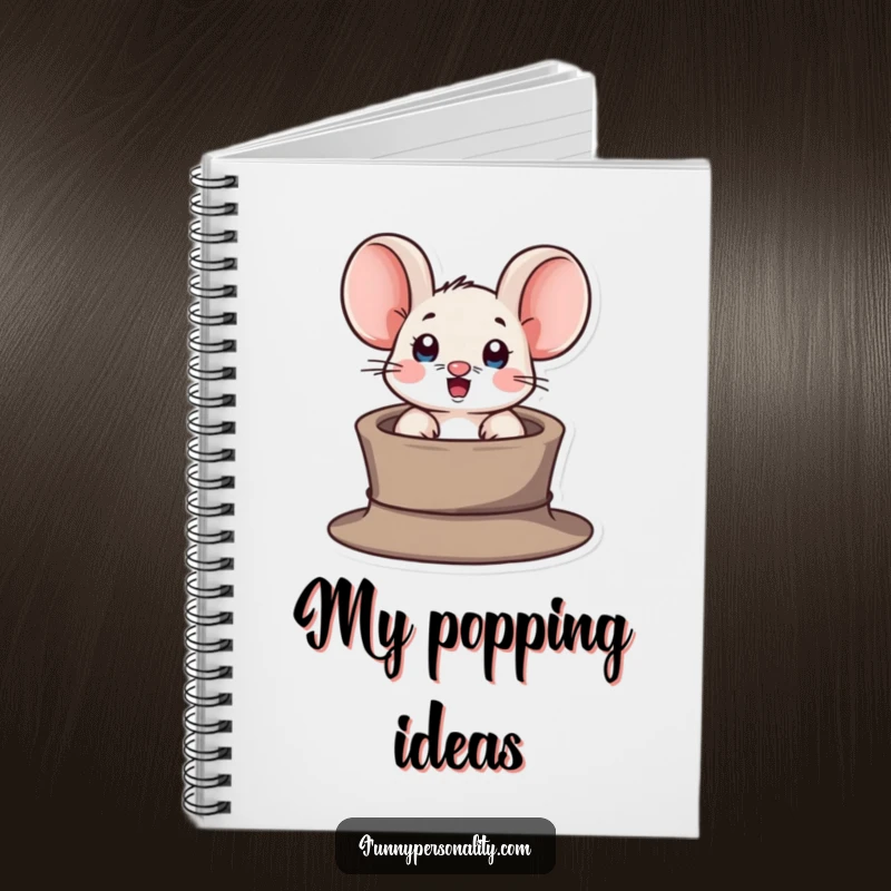 Funny notebook featuring a surprised mouse character popping out of a tiny hat, perfect for jotting down whimsical thoughts.