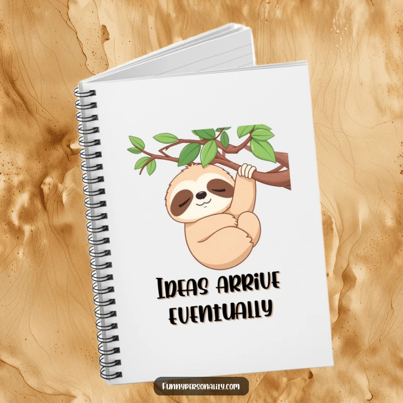 Funny Notebook: A sleepy sloth smiles serenely while hanging from a branch, ideal for jotting down calm ideas as a gift.