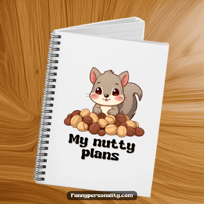 Funny notebook cover featuring a curious squirrel peeking from a pile of nuts. Great for collecting notes and ideas.