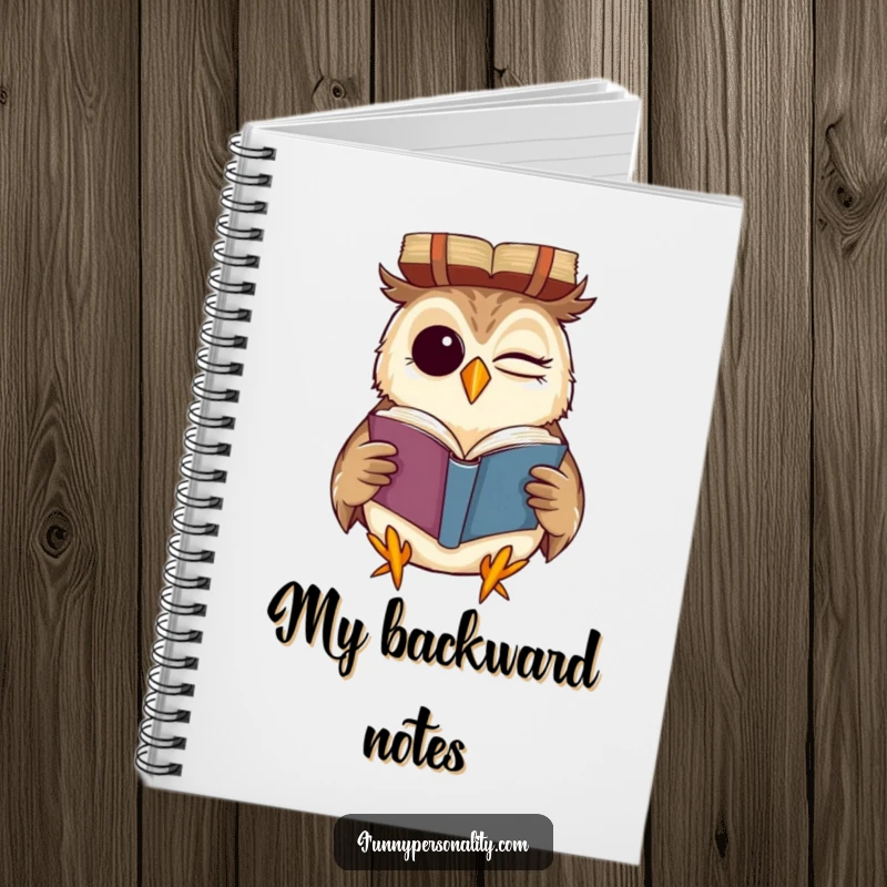 Funny notebook with a winking owl reading a book upside down with a grin, a humorous and clever cover for all your notes.
