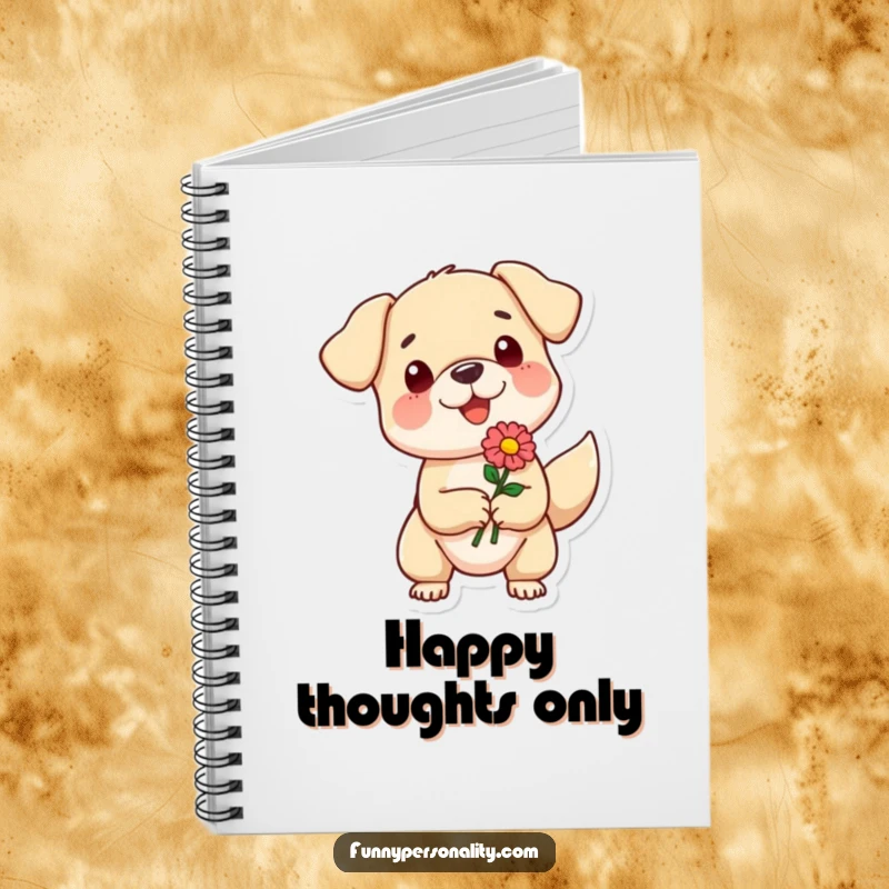 Funny notebook with a small dog character enthusiastically offering a flower, ideal for journaling and note-taking with a dose of sweetness.