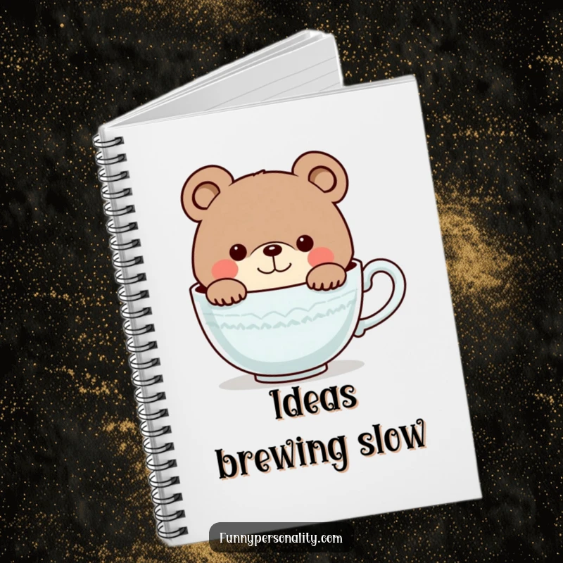 Funny notebook with a curious bear character smiling as it peeks into a giant teacup, ideal for journaling and note-taking.
