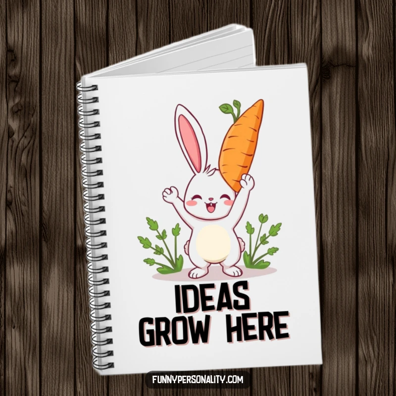 Funny rabbit notebook with a happy character holding a giant carrot, ideal for jotting down successful plans.