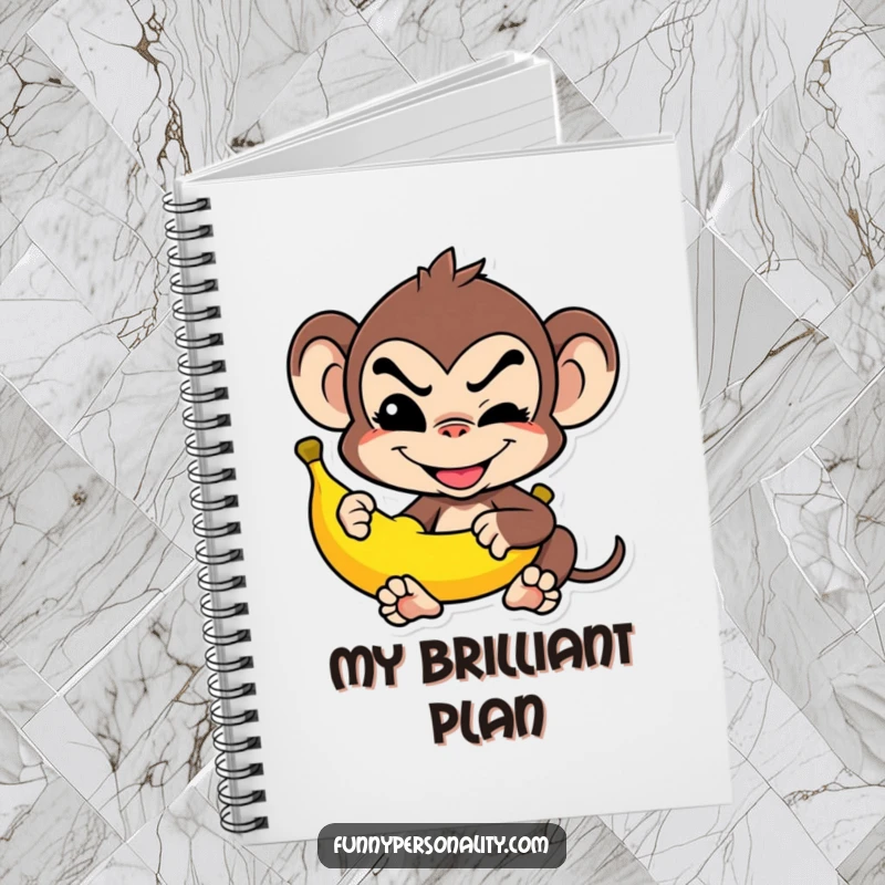 Funny Notebook: A mischievous monkey grins while balancing a banana, ideal for jotting down playful ideas as a gift.