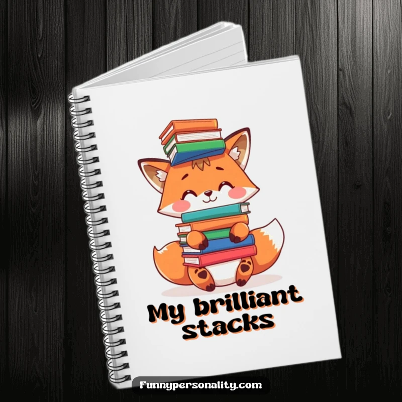 Funny fox notebook: a journal featuring a playful fox character balancing a tall stack of books on its head, ready for notes.