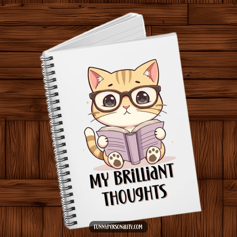 Funny notebook cover featuring a cat wearing large glasses, focused on reading a book. Great for notes and ideas.