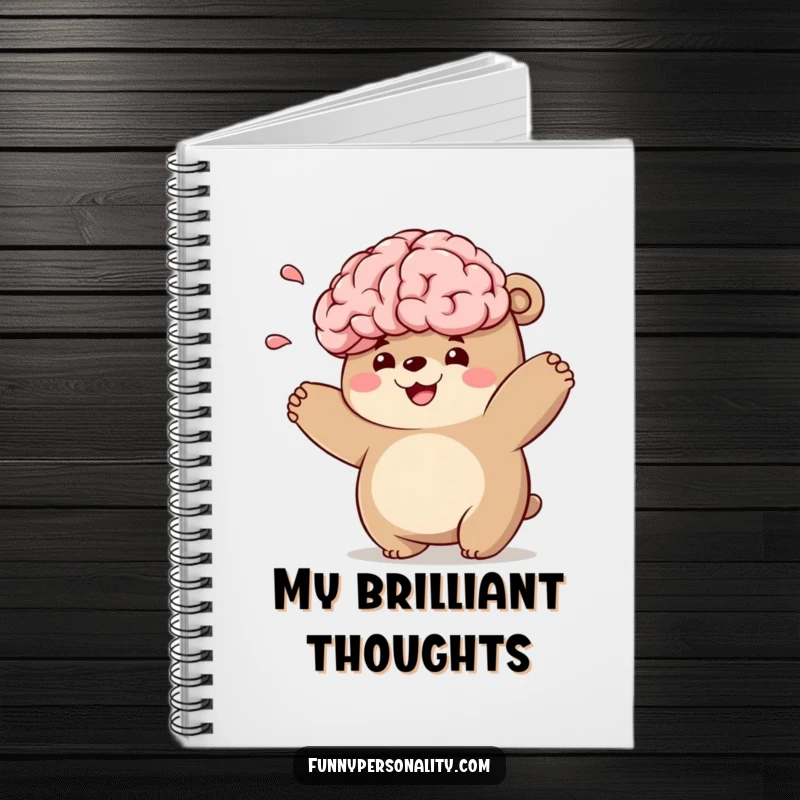 Funny bear character notebook with a chubby bear playfully tossing a smiling brain, for notes and ideas.