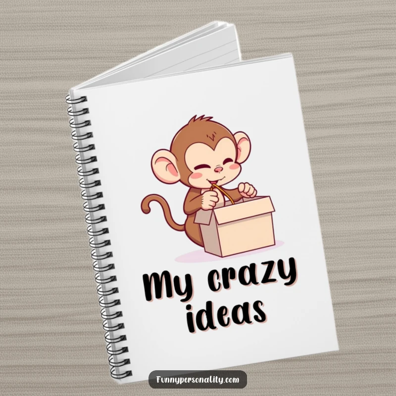 Funny monkey notebook with a mischievous monkey pulling a long string, perfect for jotting down ideas with a smile.