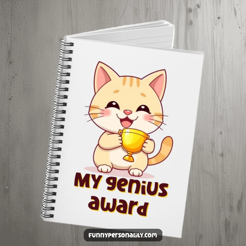 Funny cat notebook with a grinning character proudly holding a tiny, glowing trophy, ideal for jotting down winning ideas.