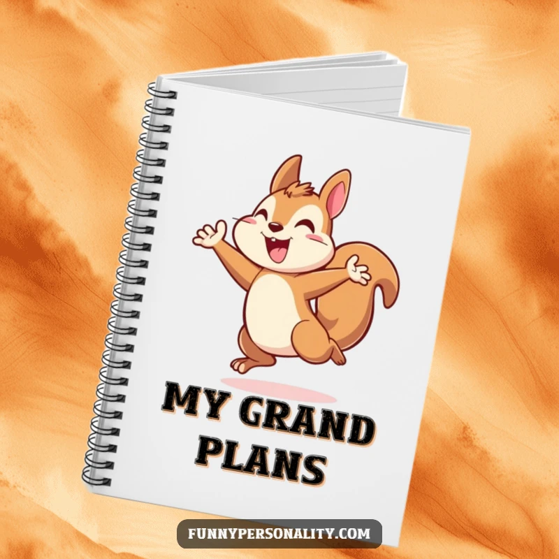 Energetic squirrel notebook with a squirrel character in a triumphant leap, perfect for planning victories and ideas.