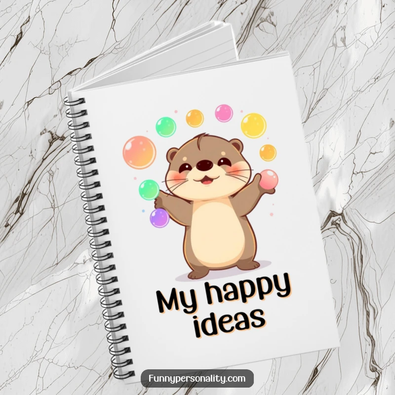 Funny Otter Notebook with a happy otter juggling colorful glowing orbs, ideal for capturing bright ideas.