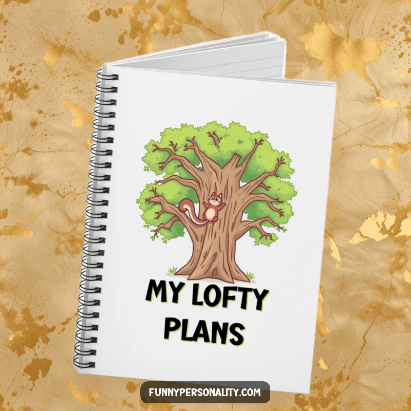 Funny notebook with a determined squirrel climbing a ridiculously tall oak tree, a humorous and inspiring cover for all your notes.