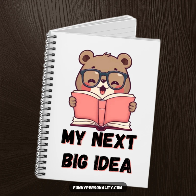 Funny notebook featuring a cute bear with glasses, excitedly reading a giant open book, ideal for students and note-taking enthusiasts.