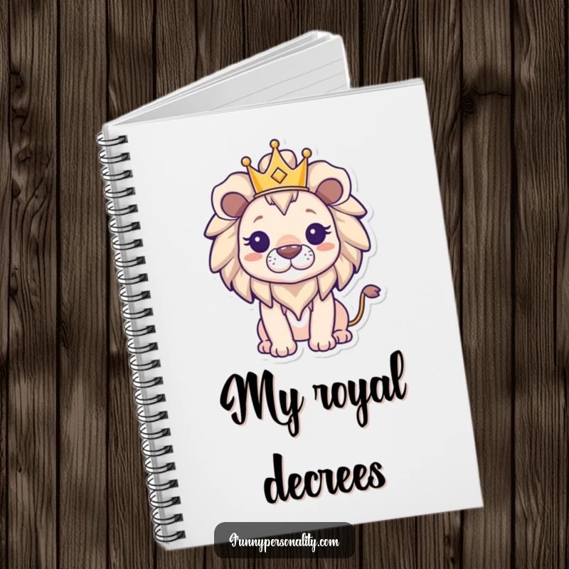 Funny triumphant lion wearing a small crown on a notebook cover, ready to record decrees, plans, and creative thoughts with regal flair.
