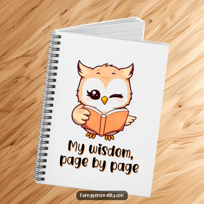 Funny winking owl character holding a book on the cover of a notebook, perfect for note-taking and a funny gift for readers.