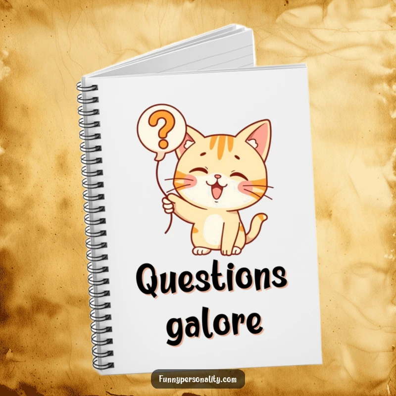 Funny Cat Question Balloon Notebook: A curious cat pointing at a question mark balloon, ideal for journaling, note-taking, or sketching. Stationery.