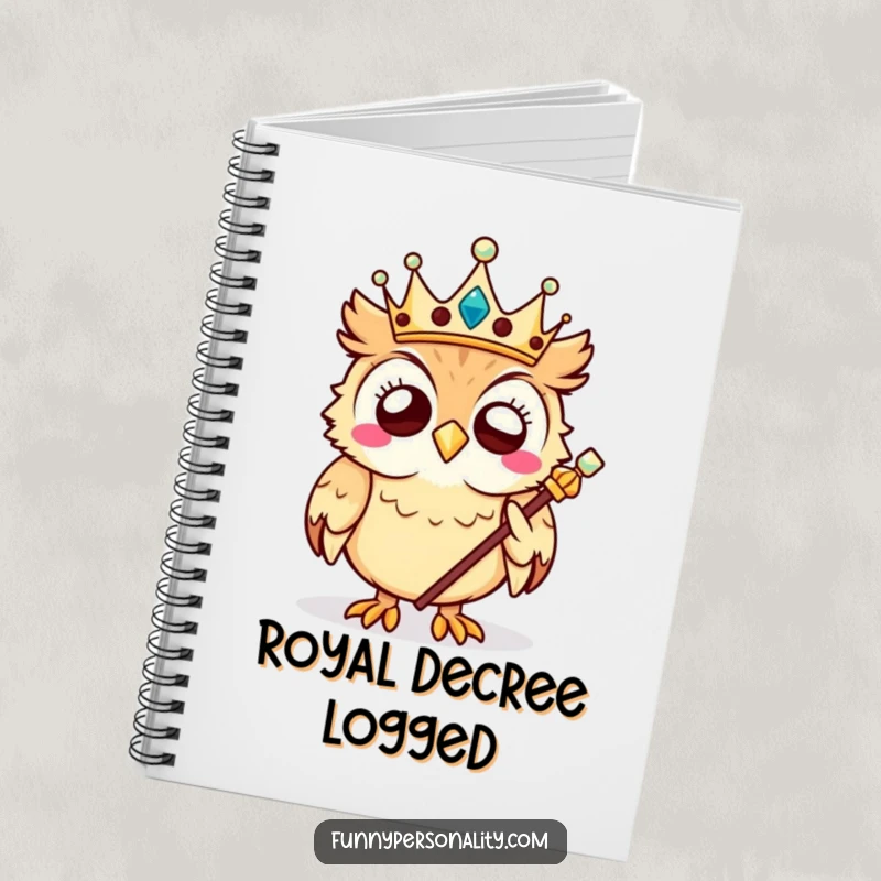 Funny owl notebook with a giggling owl king holding a scepter, perfect for jotting down ideas with a smile.