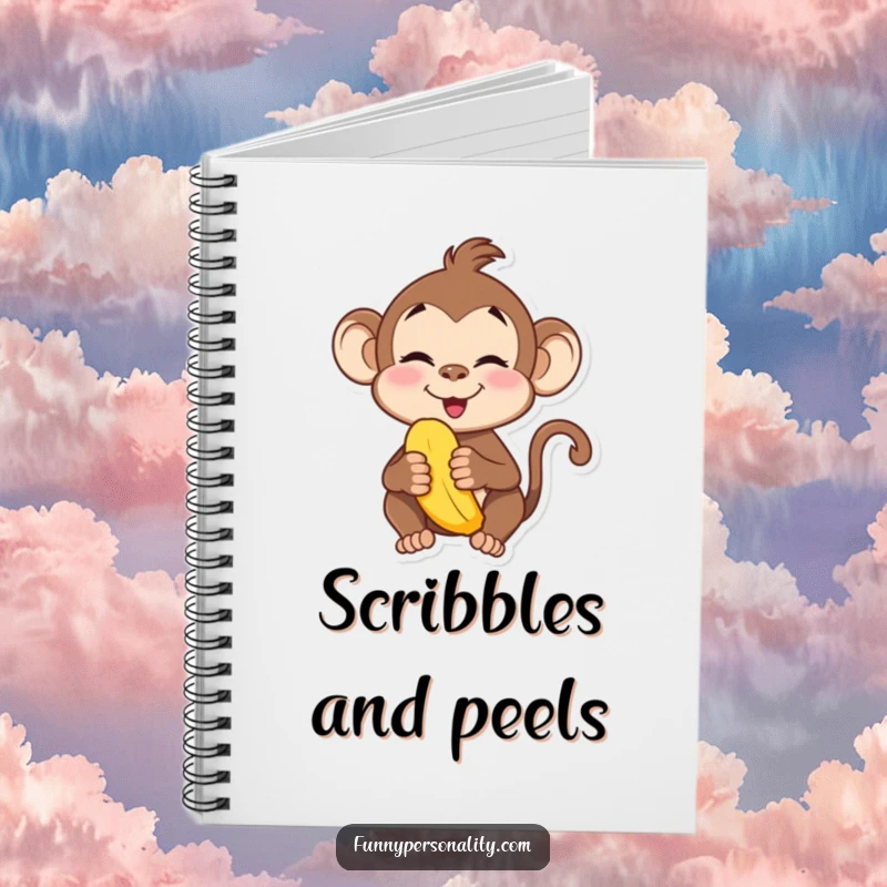Funny notebook cover with a playful monkey making a silly face while holding a banana. Perfect for notes.