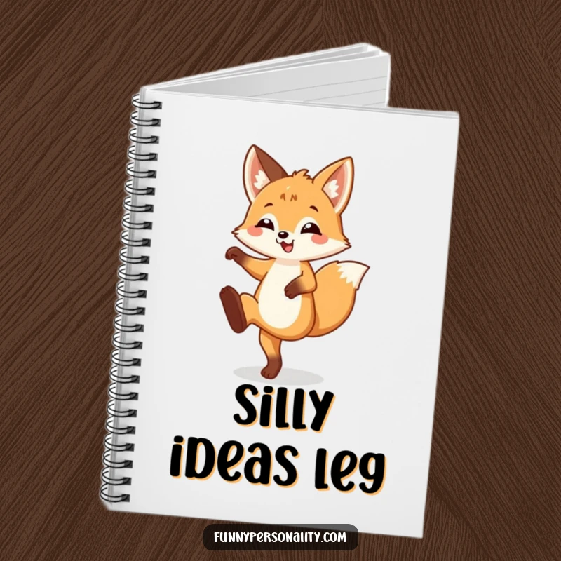 Funny Notebook with a happy fox cub doing a silly leg kick, perfect for jotting down energetic thoughts.