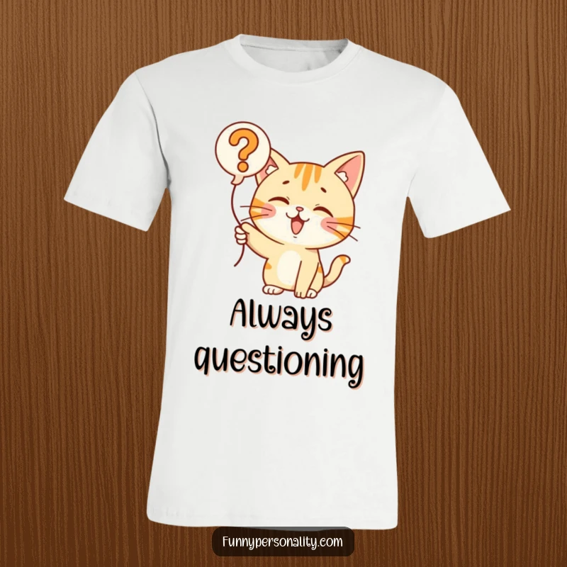 Funny Cat Question Balloon T-Shirt: A curious cat points excitedly at a question mark balloon, embodying playful inquiry. Gift.