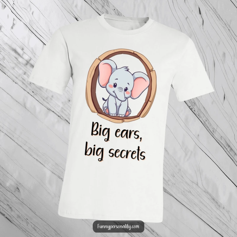 Funny curious elephant character peeking through a keyhole, printed on a t-shirt, symbolizing curiosity and a funny gift.