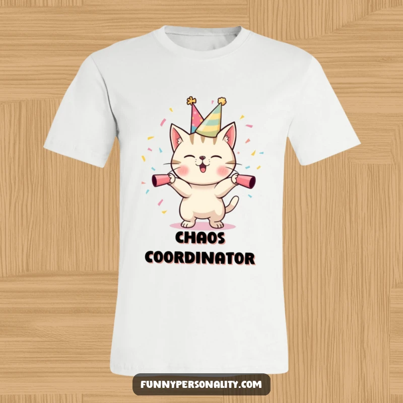 Funny Cat Party T-Shirt: A mischievous cat wearing a party hat launches confetti cannons, embodying pure celebratory fun. A fun gift idea.