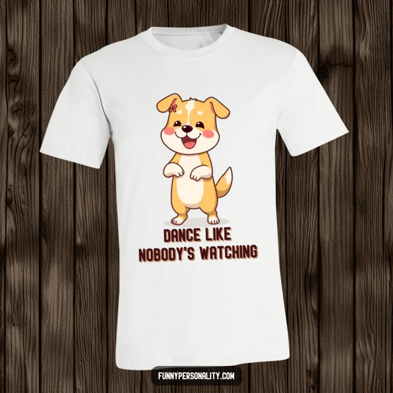Funny T-shirt depicts a cheerful dog enthusiastically doing a funny dance move, full of playful spirit.