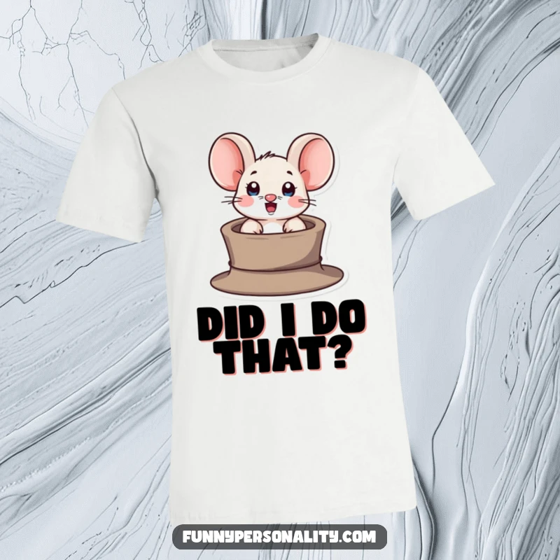 Funny t-shirt showing a surprised mouse character emerging from a tiny hat, embodying playful mischief and unexpected humor.
