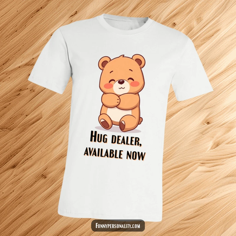 Funny Bear Hug T-Shirt showcasing a cheerful bear character offering a massive, comforting hug, perfect for spreading warmth and smiles.