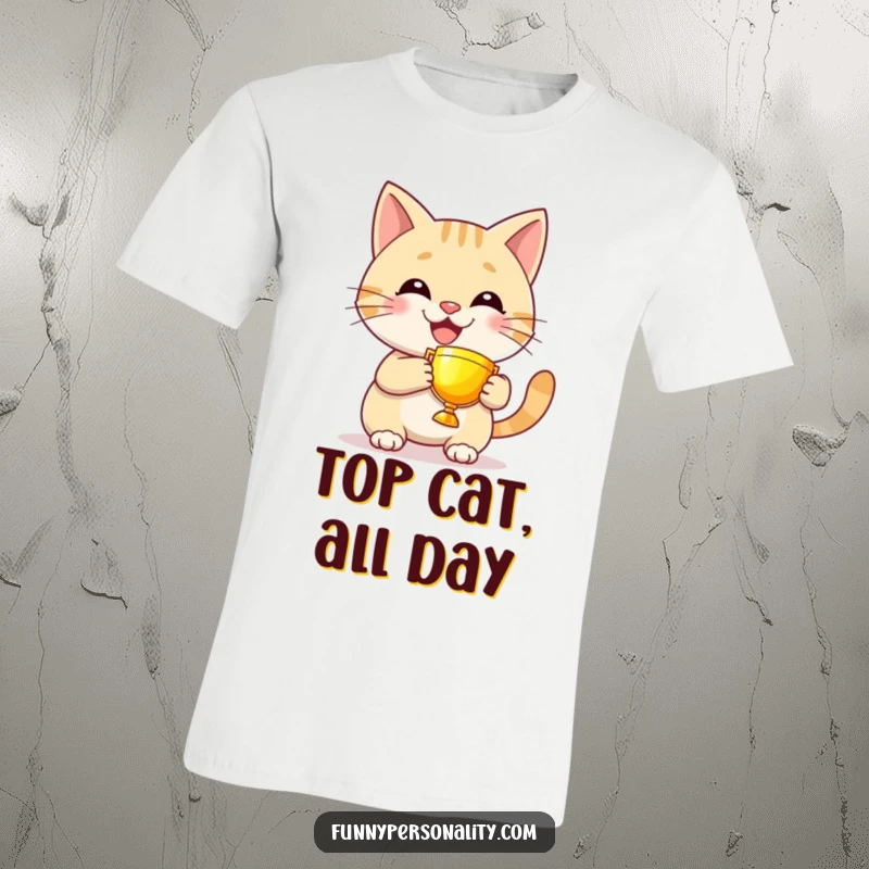 Funny cat t-shirt with a grinning character proudly displaying a small, glowing trophy, symbolizing a delightful achievement.