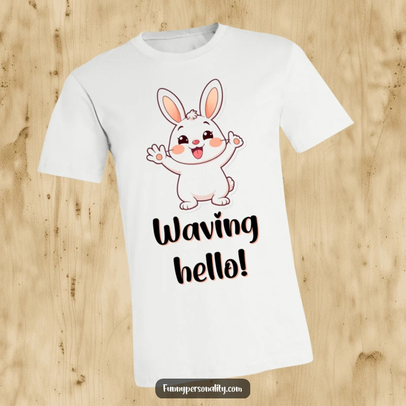 Funny t-shirt graphic of a delightful cartoon bunny waving enthusiastically with a big smile, radiating happiness.