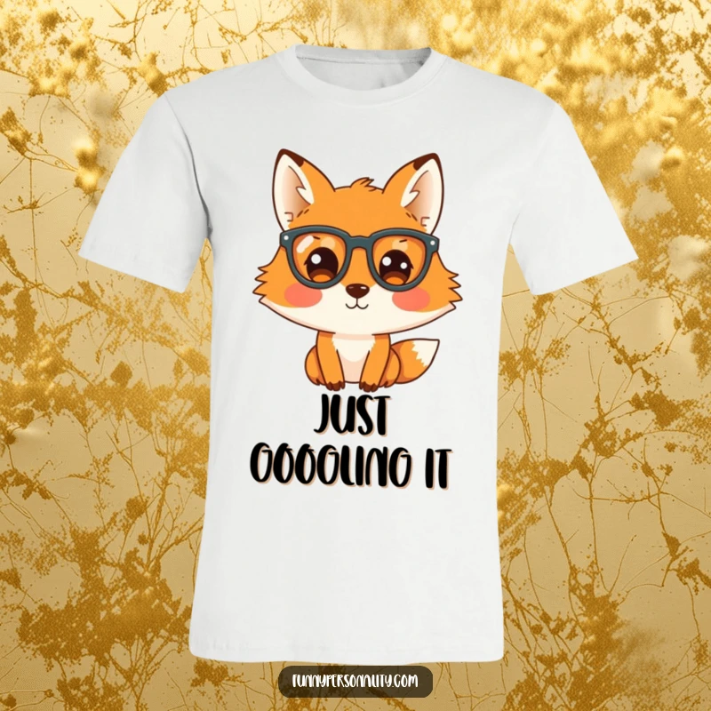Funny T-shirt displays a playful fox wearing large eyeglasses, peeking curiously, perfect for intellectual humor lovers.