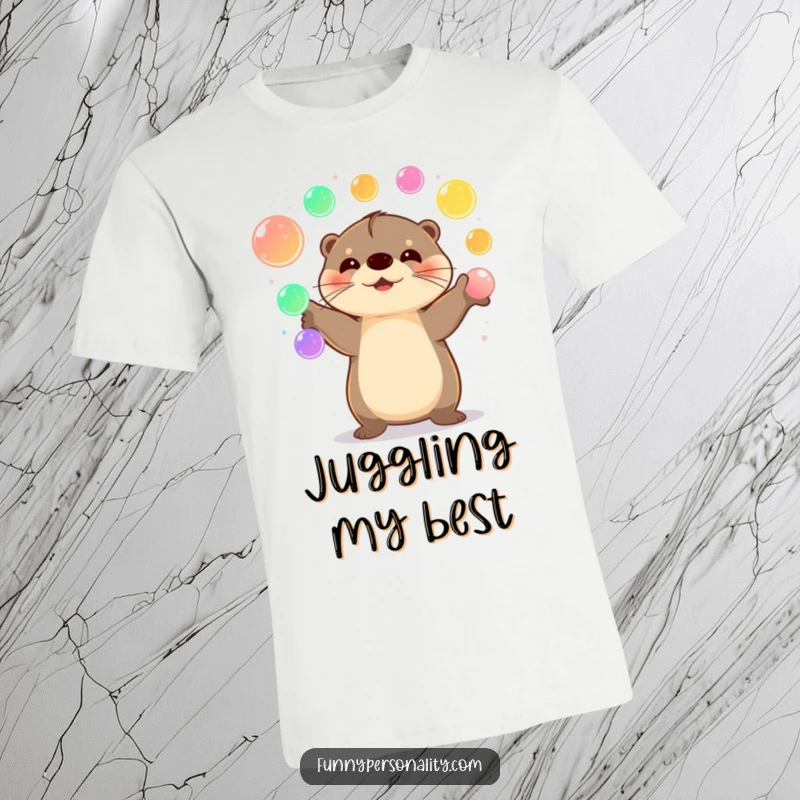 Funny Otter T-Shirt with a happy otter energetically juggling glowing orbs, showcasing pure, unadulterated joy.