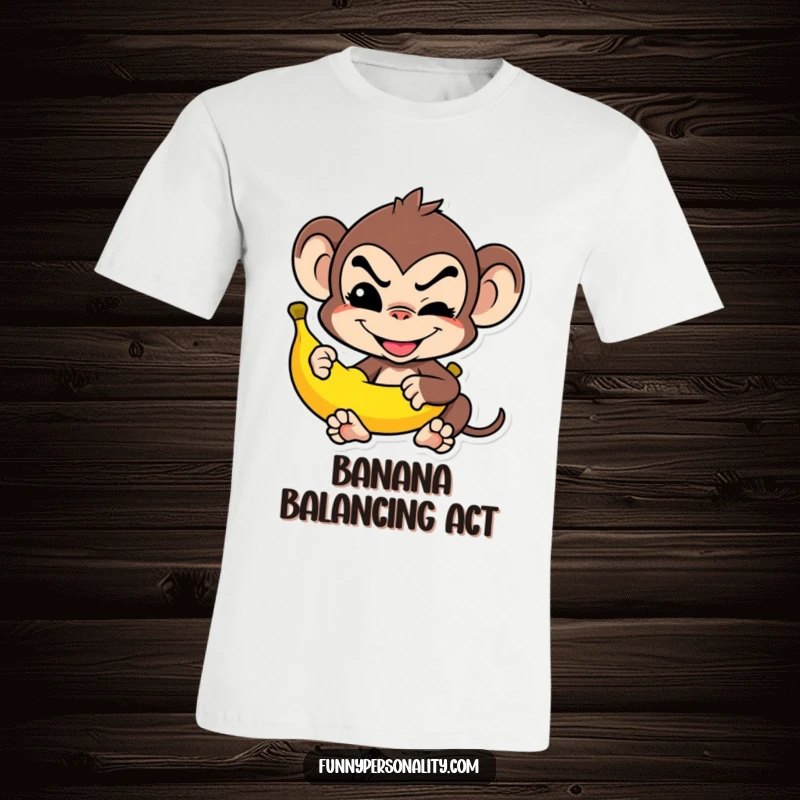 Funny T-Shirt: A mischievous monkey grins while balancing a banana, a hilarious and fun gift for primate lovers.