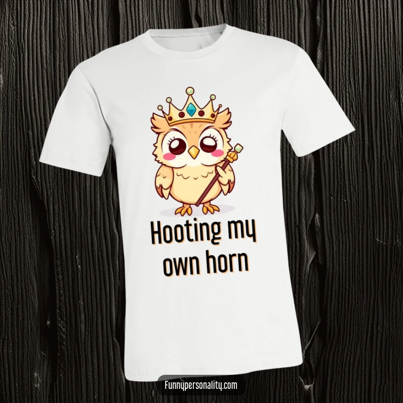 Funny owl t-shirt showing a giggling owl king with a crown and scepter, perfect for those who rule with humor.