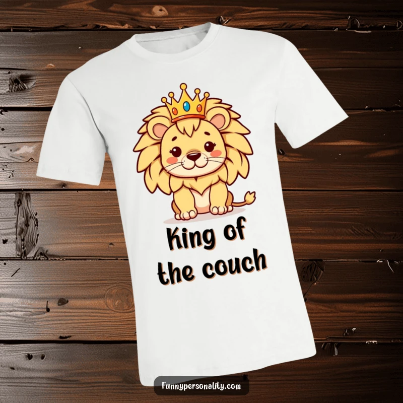 Funny t-shirt featuring a proud lion posing majestically with a small, elegant crown, a humorous depiction of royalty.