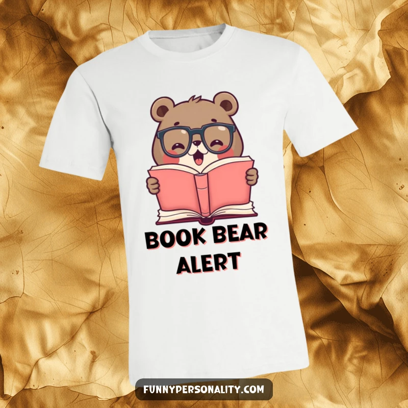 Funny t-shirt with a cute bear wearing glasses, excitedly reading a giant open book, celebrating knowledge and the joy of reading.