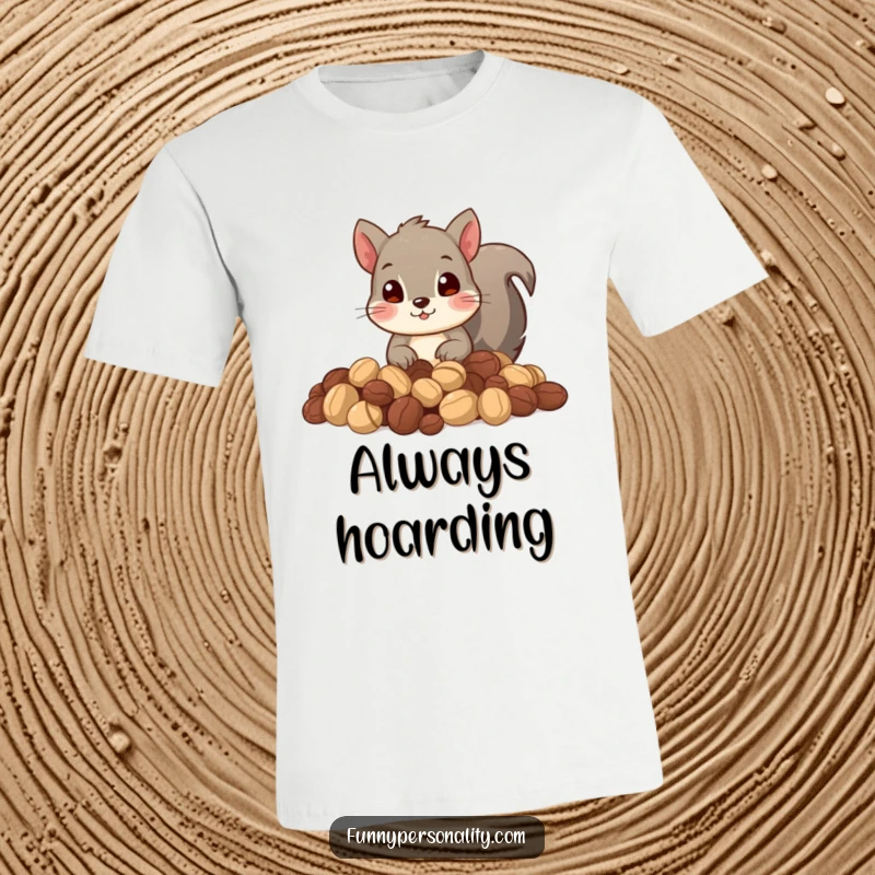 Funny t-shirt depicting a curious squirrel peeking from a hoard of nuts. Ideal for collectors and nature enthusiasts.