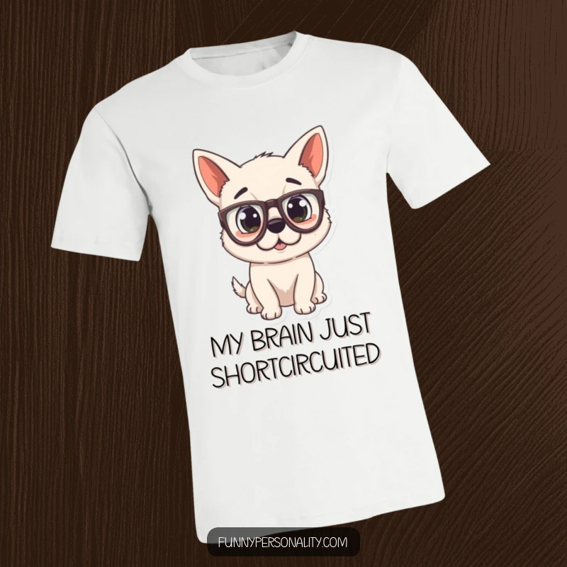 Funny Dog T-Shirt showcasing a surprised puppy sporting oversized glasses, radiating pure, comical shock and delight.