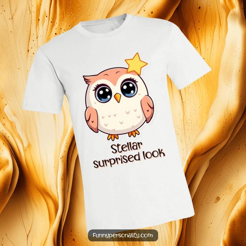 Funny T-Shirt: A round owl character with wide eyes looks comically surprised by a shining star, a fun and humorous gift.