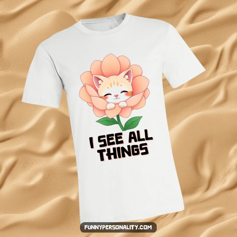 Funny T-Shirt: A timid cat character peeks cautiously from behind a large, colorful flower, embodying shy affection and humor.