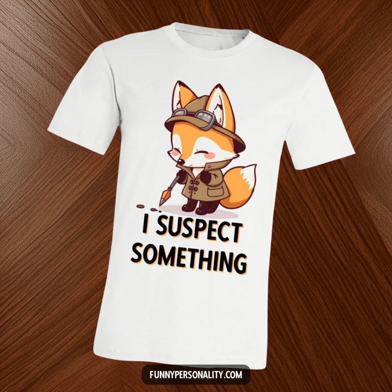 Funny detective fox in trench coat sniffing ground with magnifying glass, a humorous t-shirt.