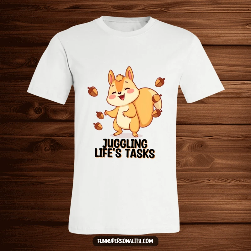 Funny T-Shirt: A gleeful squirrel cheerfully juggling a pile of acorns, symbolizing abundance and playful outdoor activity.