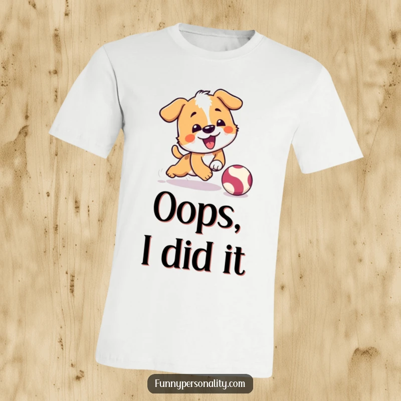 Funny t-shirt featuring a playful dog character comically tripping while chasing a bouncing ball, showcasing energetic play.