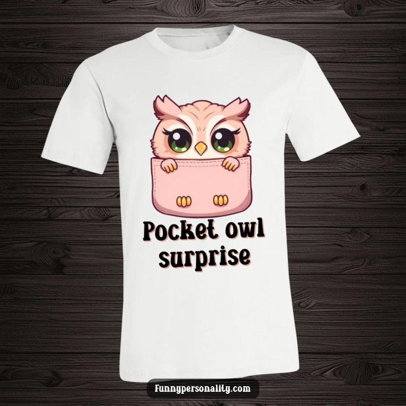 Funny t-shirt showcasing a curious owl with wide eyes peeking out from a large pocket, celebrating observation and endearing cuteness.