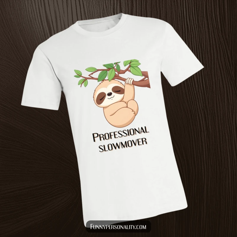 Funny T-Shirt: A sleepy sloth smiles serenely while hanging from a branch, conveying ultimate relaxation and humor as a gift.