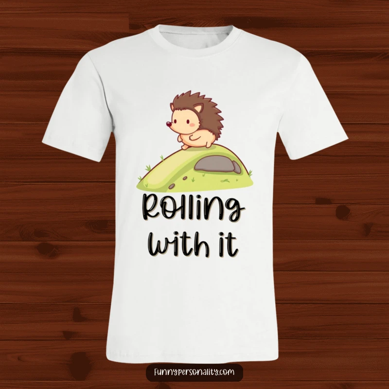 Funny T-Shirt: A happy hedgehog rolls down a gentle slope, conveying joy and humor as a gift.